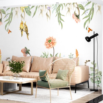 Tapet floral elegant si delicat cu pasari si flori in culori pastelate