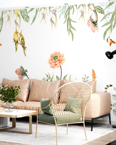 Tapet floral elegant si delicat cu pasari si flori in culori pastelate