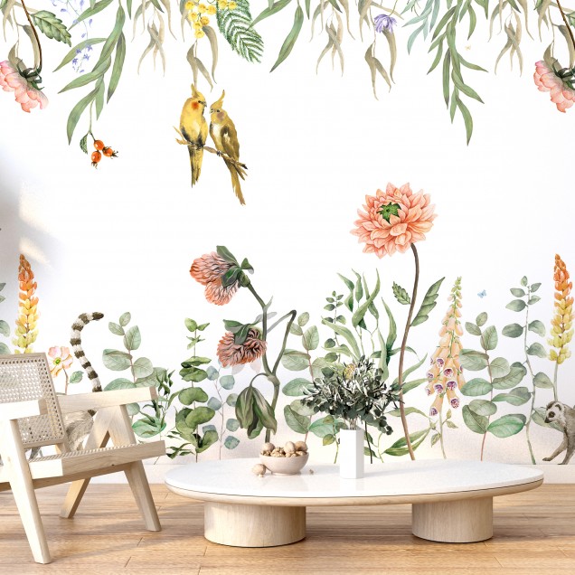 Tapet floral elegant si delicat cu pasari si flori in culori pastelate