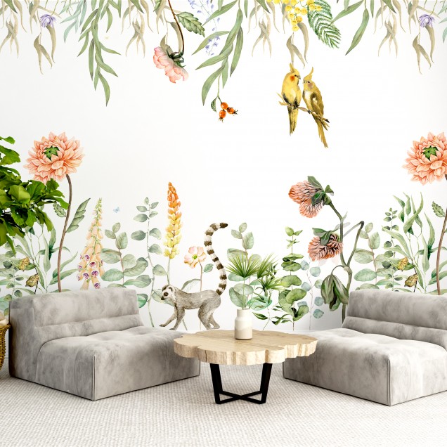 Tapet floral elegant si delicat cu pasari si flori in culori pastelate