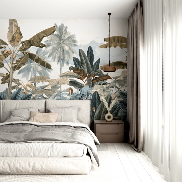 Tapet cu design exotic și scaun portocaliu