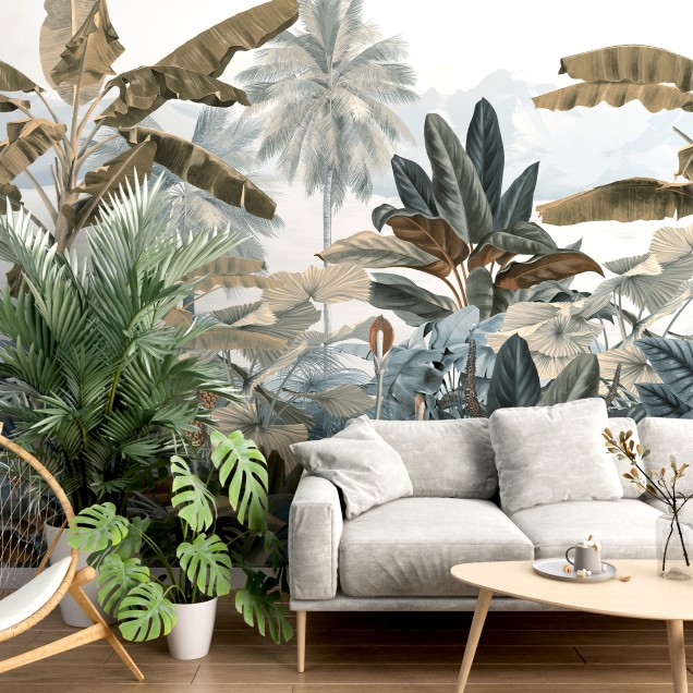 Tapet cu design exotic și scaun portocaliu
