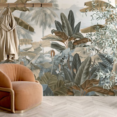 Tapet cu design exotic și scaun portocaliu