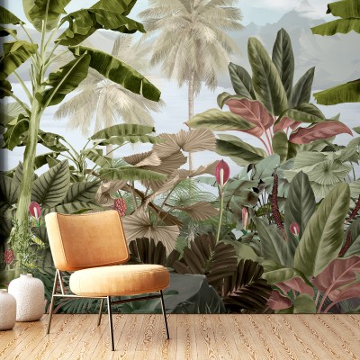 Tapet Exotic cu Frunze Tropicale și Palmieri