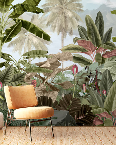 Tapet Exotic cu Frunze Tropicale și Palmieri