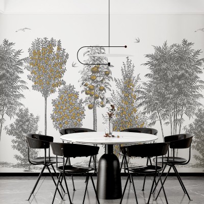 Tapet cu design modern, cu pomi fructiferi și păsări, perfect pentru living, dormitor sau birou.