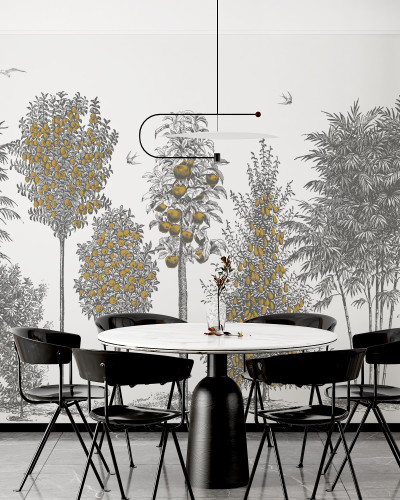 Tapet cu design modern, cu pomi fructiferi și păsări, perfect pentru living, dormitor sau birou.