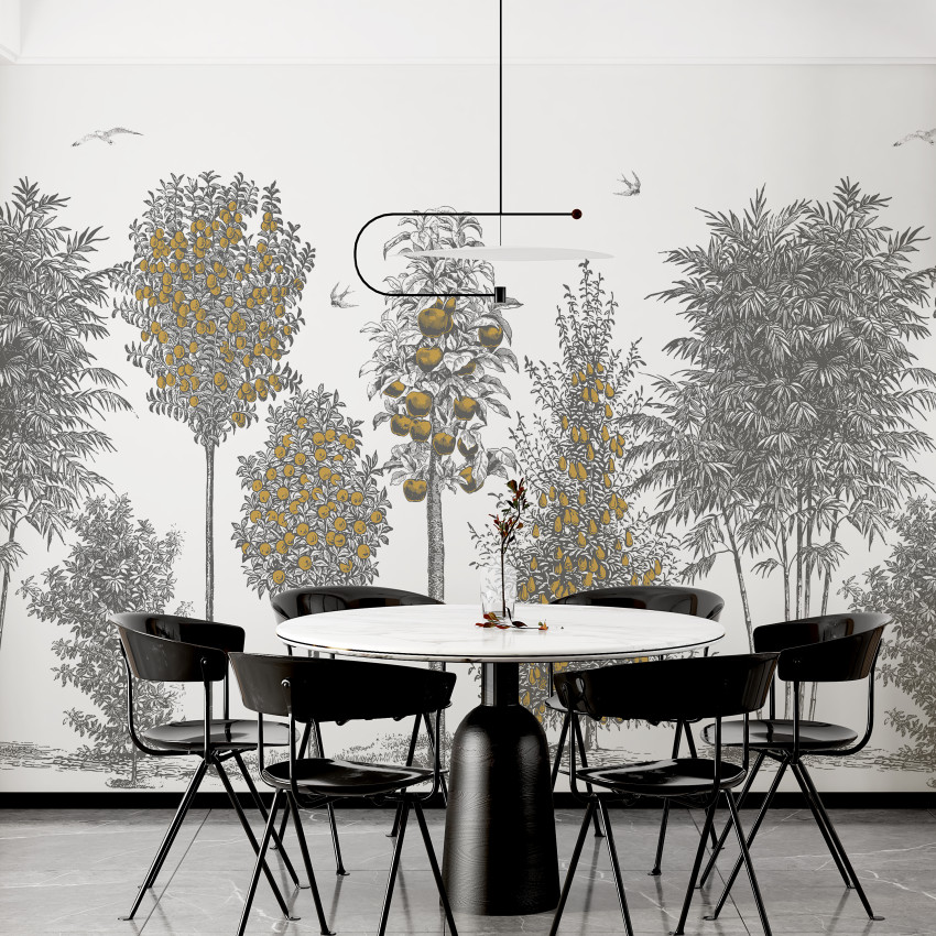 Tapet cu design modern, cu pomi fructiferi și păsări, perfect pentru living, dormitor sau birou.