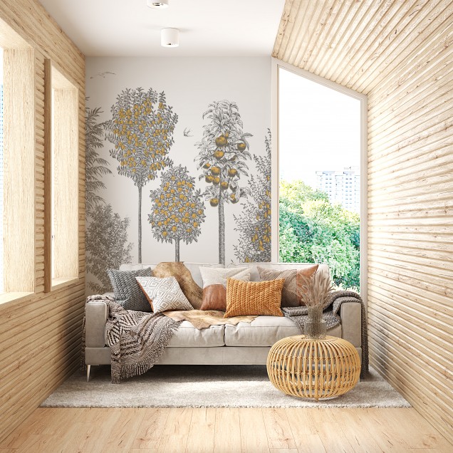 Tapet cu design modern, cu pomi fructiferi și păsări, perfect pentru living, dormitor sau birou.
