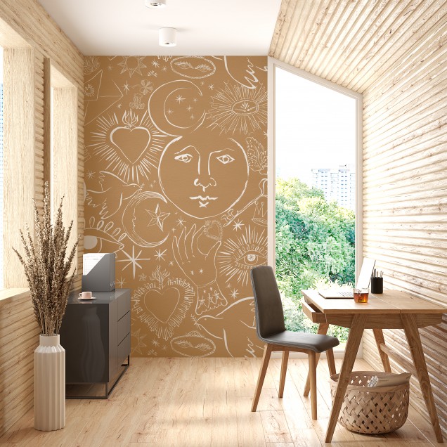 Tapet cu design minimalist, cu fond bej deschis si model alb
