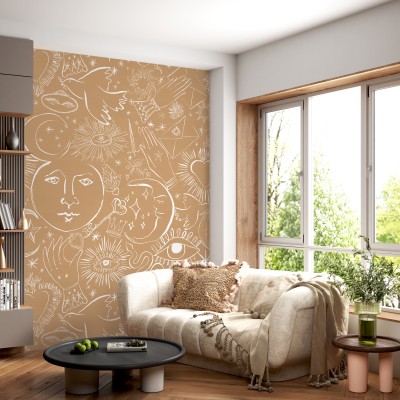 Tapet cu design minimalist, cu fond bej deschis si model alb