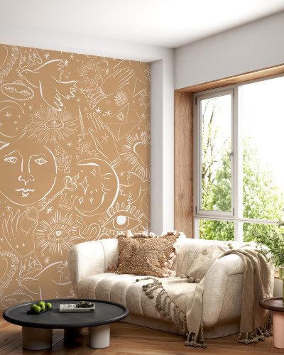 Tapet cu design minimalist, cu fond bej deschis si model alb