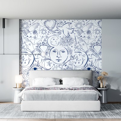 Tapet Mystic Lazuli, cu design abstract albastru pe fond alb, cu motive de stele, luna si inimi, in dormitor