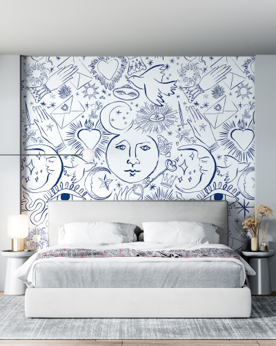 Tapet Mystic Lazuli, cu design abstract albastru pe fond alb, cu motive de stele, luna si inimi, in dormitor