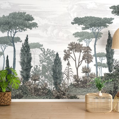 Fototapet cu design de pădure, cu nuanțe de verde și alb.