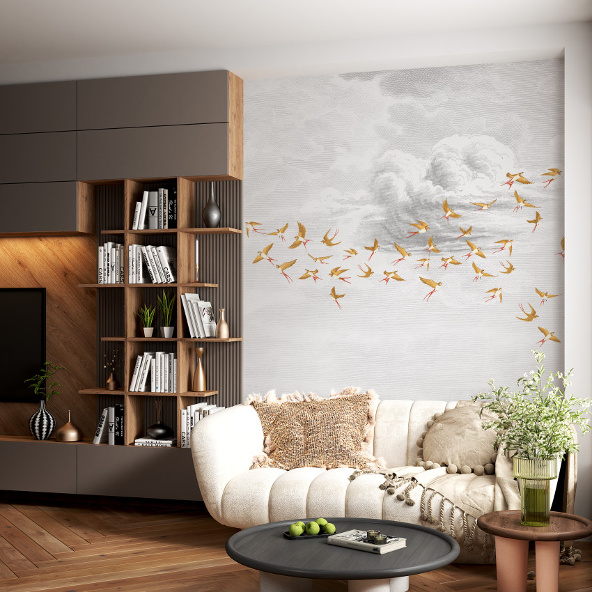 Swallow Cloud, Vert Opaline, PaperMint, un tapet cu păsări care zboară pe un fundal de nori, perfect pentru un dormitor modern