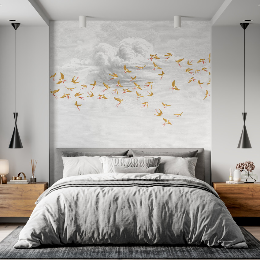 Swallow Cloud, Vert Opaline, PaperMint, un tapet cu păsări care zboară pe un fundal de nori, perfect pentru un dormitor modern