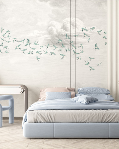 Swallow Cloud, Vert Opaline, PaperMint, un tapet cu păsări care zboară pe un fundal de nori, perfect pentru un dormitor modern