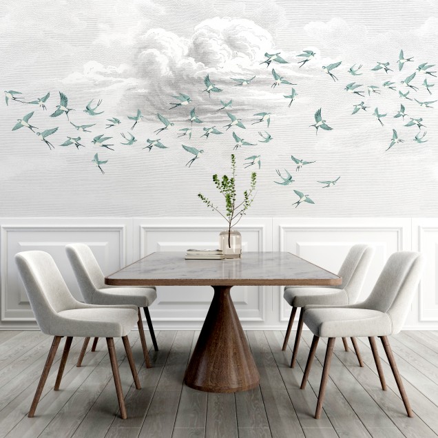 Swallow Cloud, Vert Opaline, PaperMint, un tapet cu păsări care zboară pe un fundal de nori, perfect pentru un dormitor modern