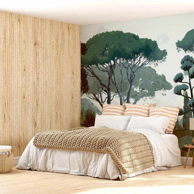 Tapet Toscane, Vert, PaperMint, cu design artistic de pădure cu nuanțe de verde închis și fundal albastru deschis.
