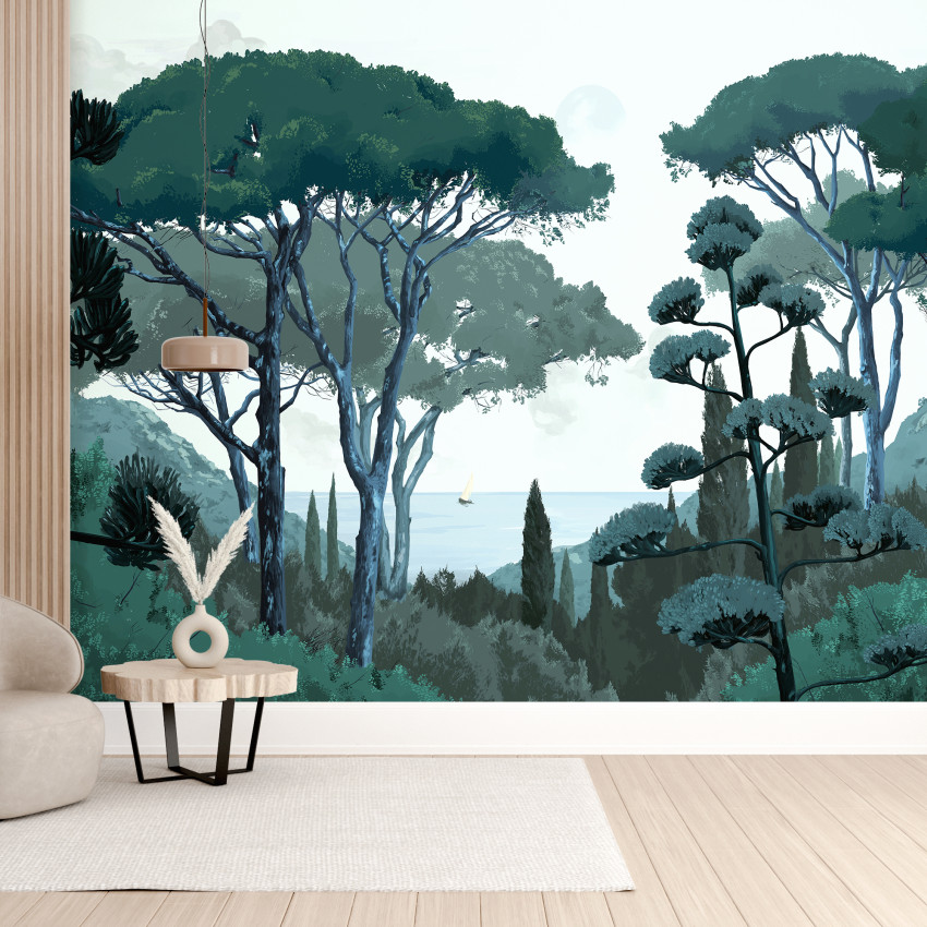 Tapet cu design Toscan, cu nuanțe calde de teracotă și verde pastel, reprezentând o panoramă liniștitoare a naturii.