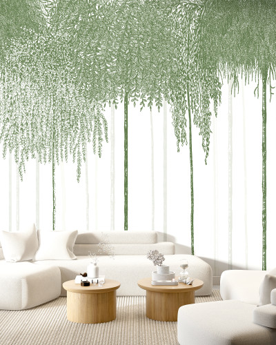 Tapet cu design de copaci cu frunze bogate, in nuante de verde