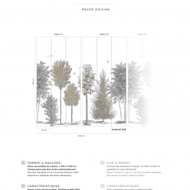 Tapet cu design modern, cu pomi fructiferi și păsări, perfect pentru living, dormitor sau birou.