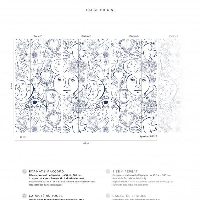 Tapet Mystic Lazuli, cu design abstract albastru pe fond alb, cu motive de stele, luna si inimi, in dormitor