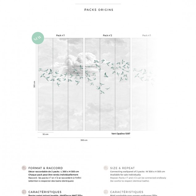 Swallow Cloud, Vert Opaline, PaperMint, un tapet cu păsări care zboară pe un fundal de nori, perfect pentru un dormitor modern