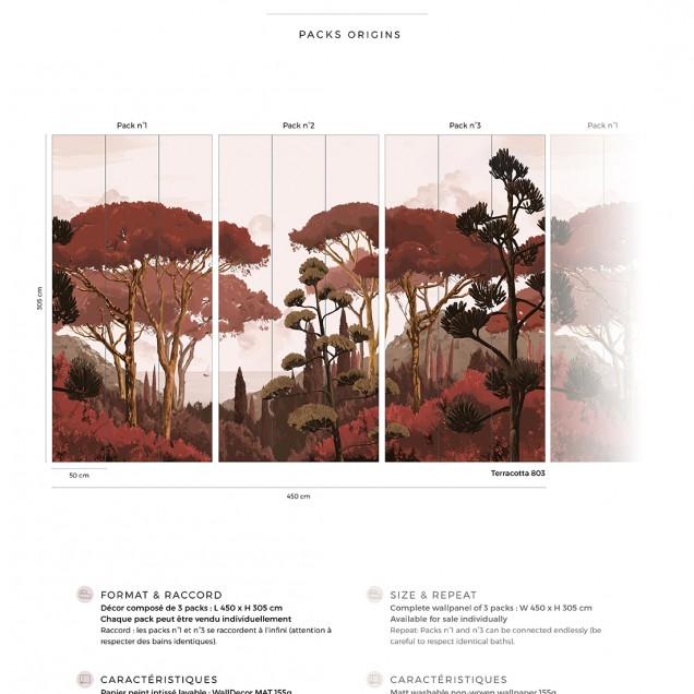 Tapet cu design Toscan, cu nuanțe calde de teracotă și verde pastel, reprezentând o panoramă liniștitoare a naturii.