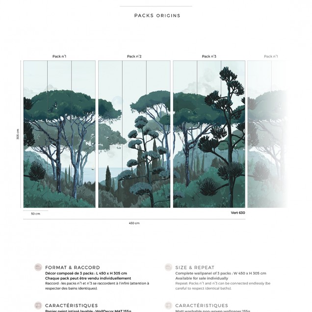 Tapet Toscane, Vert, PaperMint, cu design artistic de pădure cu nuanțe de verde închis și fundal albastru deschis.