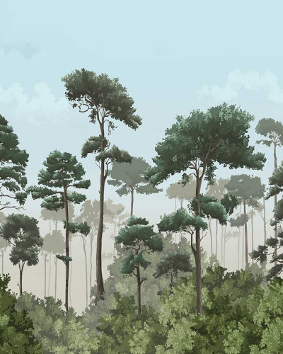 Tapet cu design de pădure de pini, cu nuanțe de verde și albastru, pe un perete din living, lângă o canapea gri.
