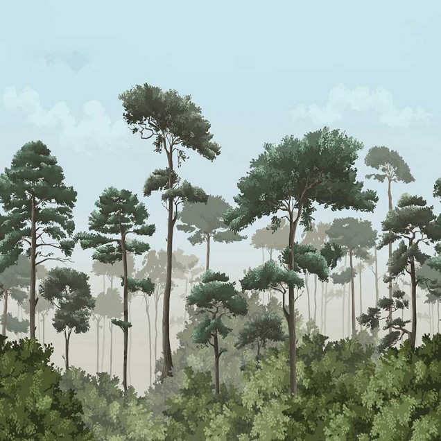 Tapet cu design de pădure de pini, cu nuanțe de verde și albastru, pe un perete din living, lângă o canapea gri.