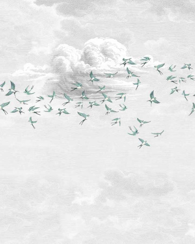 Swallow Cloud, Vert Opaline, PaperMint, un tapet cu păsări care zboară pe un fundal de nori, perfect pentru un dormitor modern
