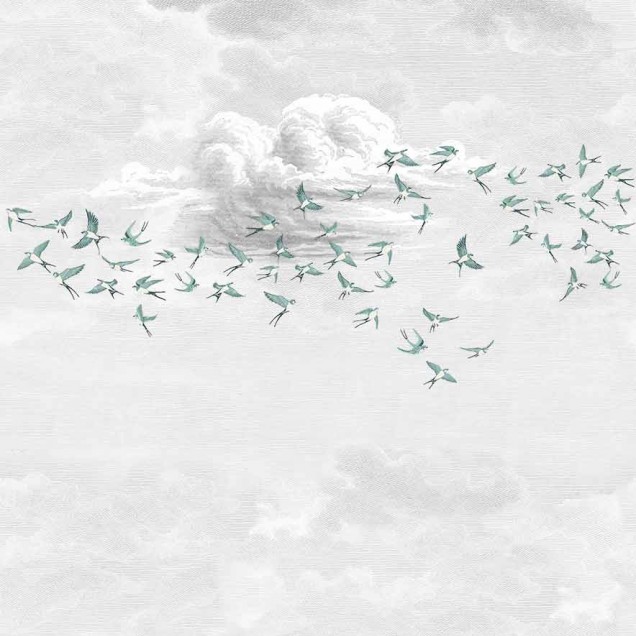 Swallow Cloud, Vert Opaline, PaperMint, un tapet cu păsări care zboară pe un fundal de nori, perfect pentru un dormitor modern