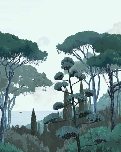 Tapet Toscane, Vert, PaperMint, cu design artistic de pădure cu nuanțe de verde închis și fundal albastru deschis.