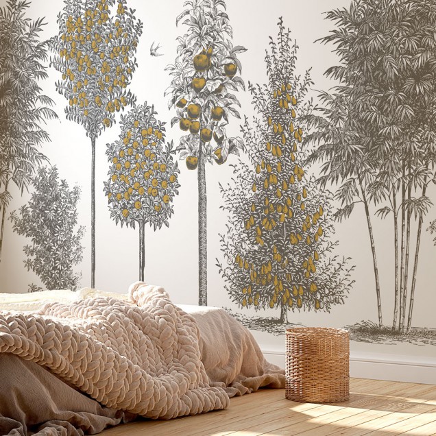 Tapet cu design modern, cu pomi fructiferi și păsări, perfect pentru living, dormitor sau birou.