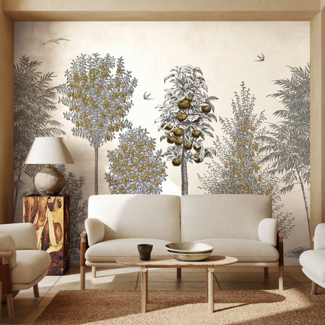 Tapet cu design modern, cu pomi fructiferi și păsări, perfect pentru living, dormitor sau birou.