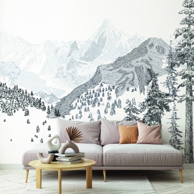 Tapet cu design minimalist cu un peisaj montan elegant, în nuanțe de gri și alb.