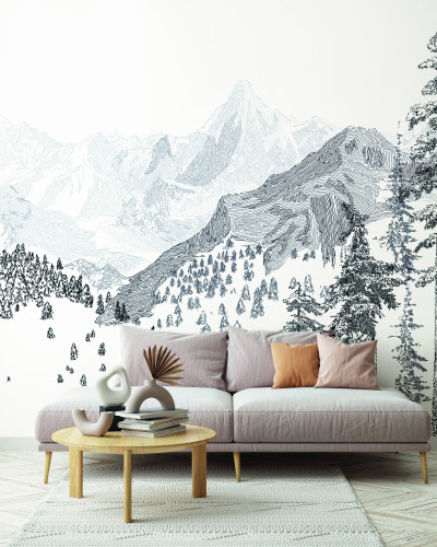 Tapet cu design minimalist cu un peisaj montan elegant, în nuanțe de gri și alb.