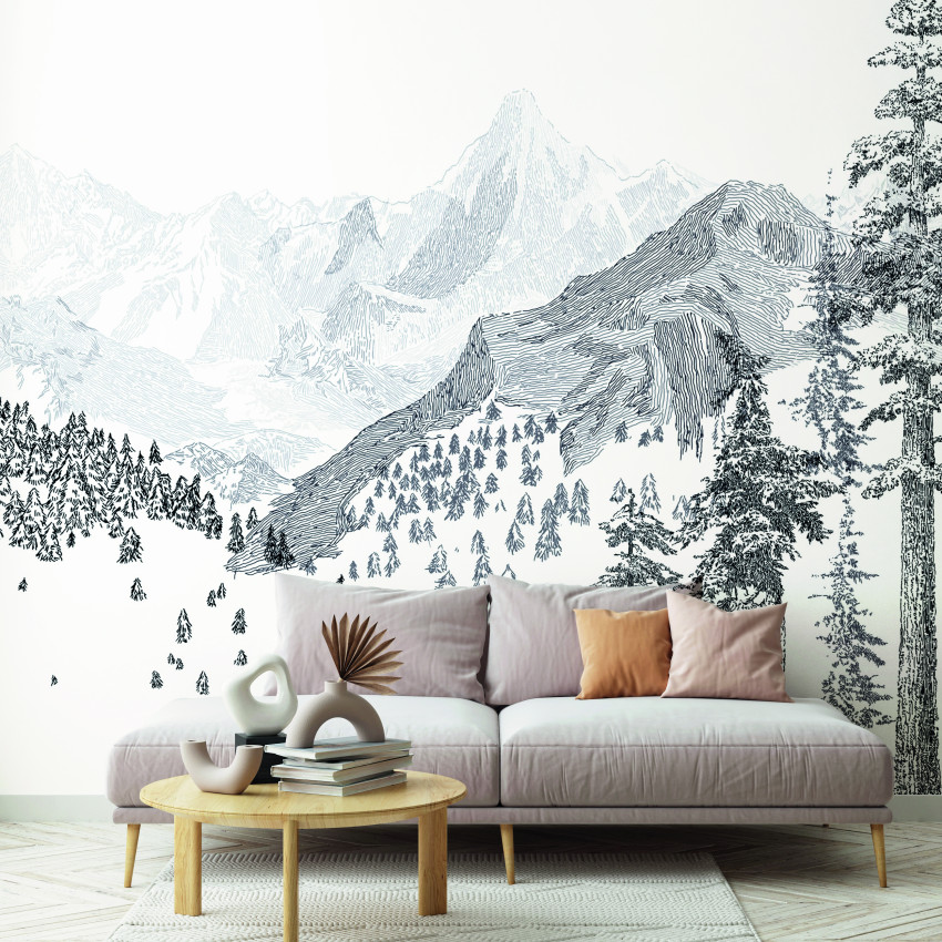 Tapet cu design minimalist cu un peisaj montan elegant, în nuanțe de gri și alb.