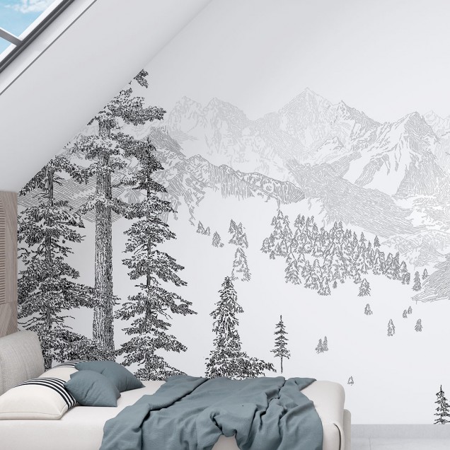 Tapet cu design minimalist cu un peisaj montan elegant, în nuanțe de gri și alb.