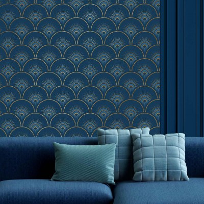 Tapet cu model geometric Art Deco in nuante de albastru cobalt si aur