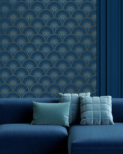 Tapet cu model geometric Art Deco in nuante de albastru cobalt si aur