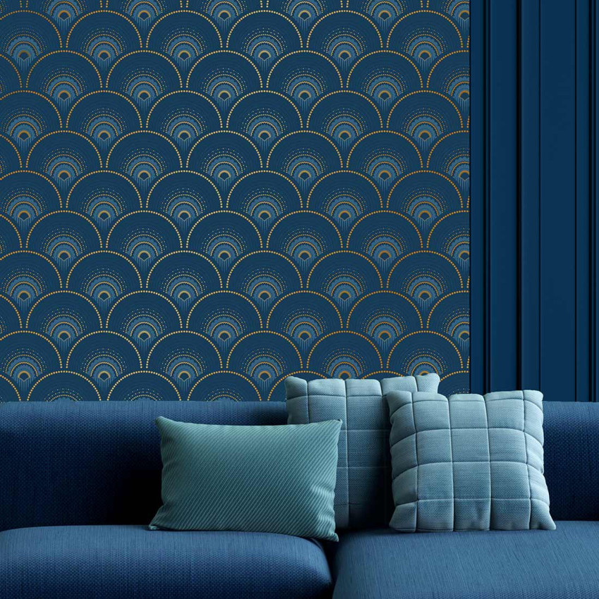 Tapet cu model geometric Art Deco in nuante de albastru cobalt si aur