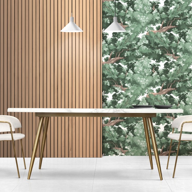 Tapet cu design minimalist, cu o imagine de copaci in nuante de verde deschis pe un fond alb.