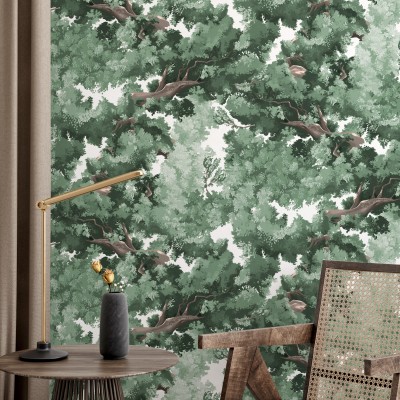 Tapet cu design minimalist, cu o imagine de copaci in nuante de verde deschis pe un fond alb.