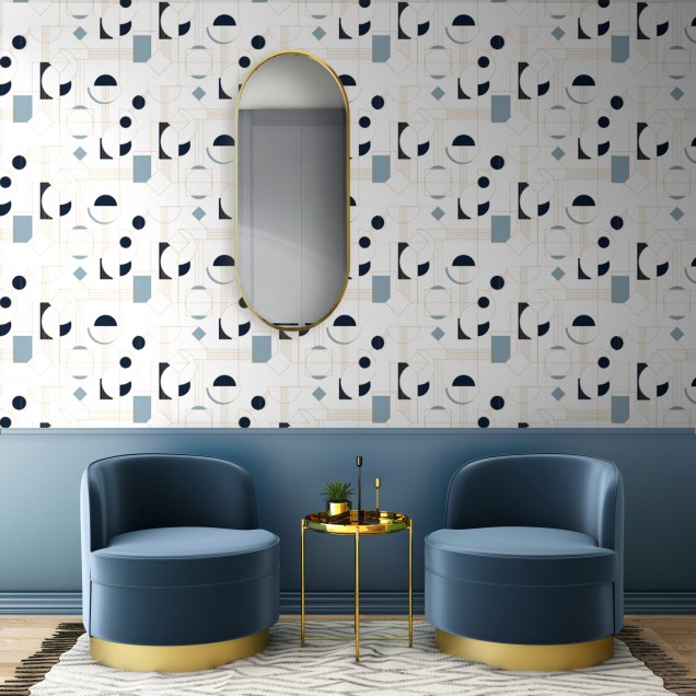 Tapet modern Daisy Bleu Doré cu modele geometrice elegante, ideal pentru a adăuga un strop de stil oricărei camere.