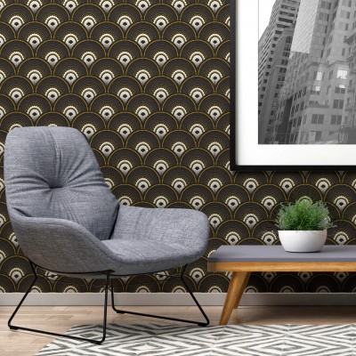 Tapet geometric elegant, Noir et Doré, cu un design inspirat de arta Art Deco.