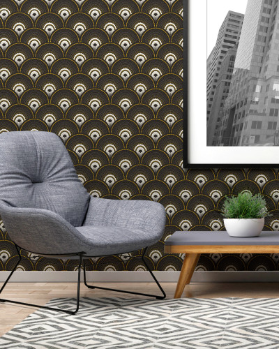 Tapet geometric elegant, Noir et Doré, cu un design inspirat de arta Art Deco.